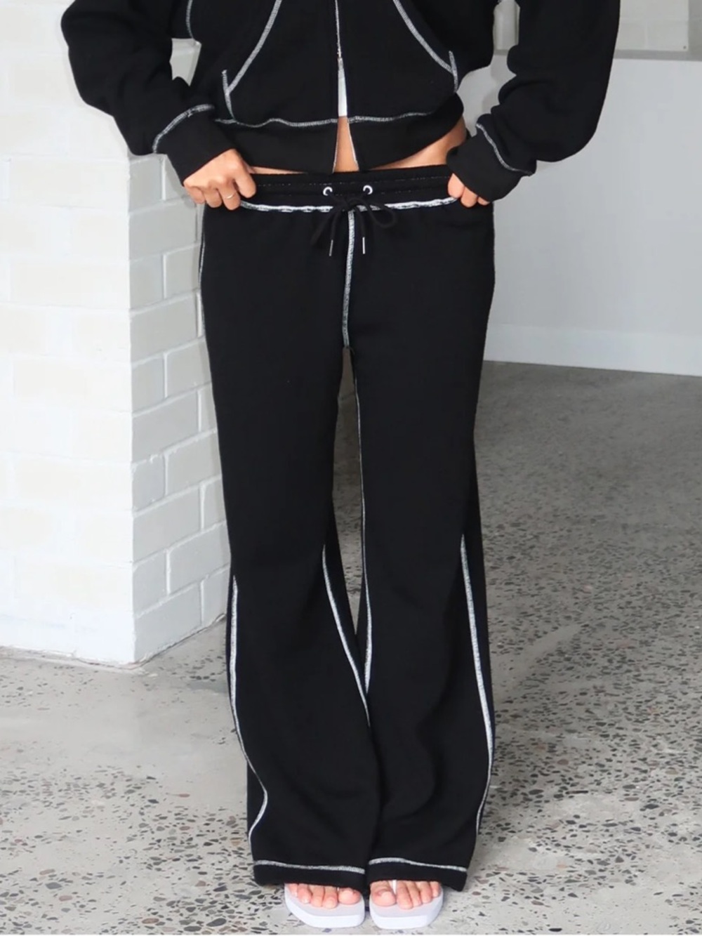 White Fox “Flashing By” Black Contrast-Stitch Wide Leg Pants
